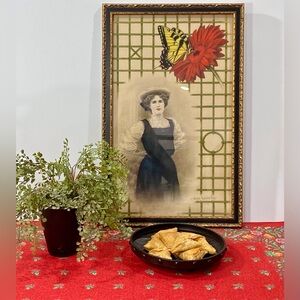 Red cotton large vintage scarf with flower border